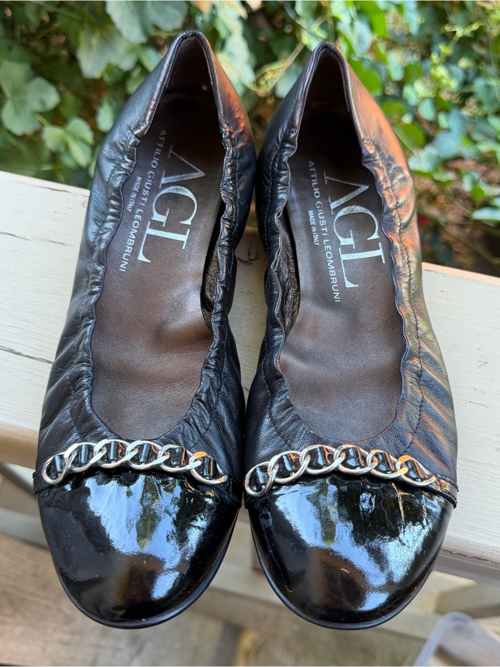 AGL Black Leather Ballet Flats with Silver Chain Trim